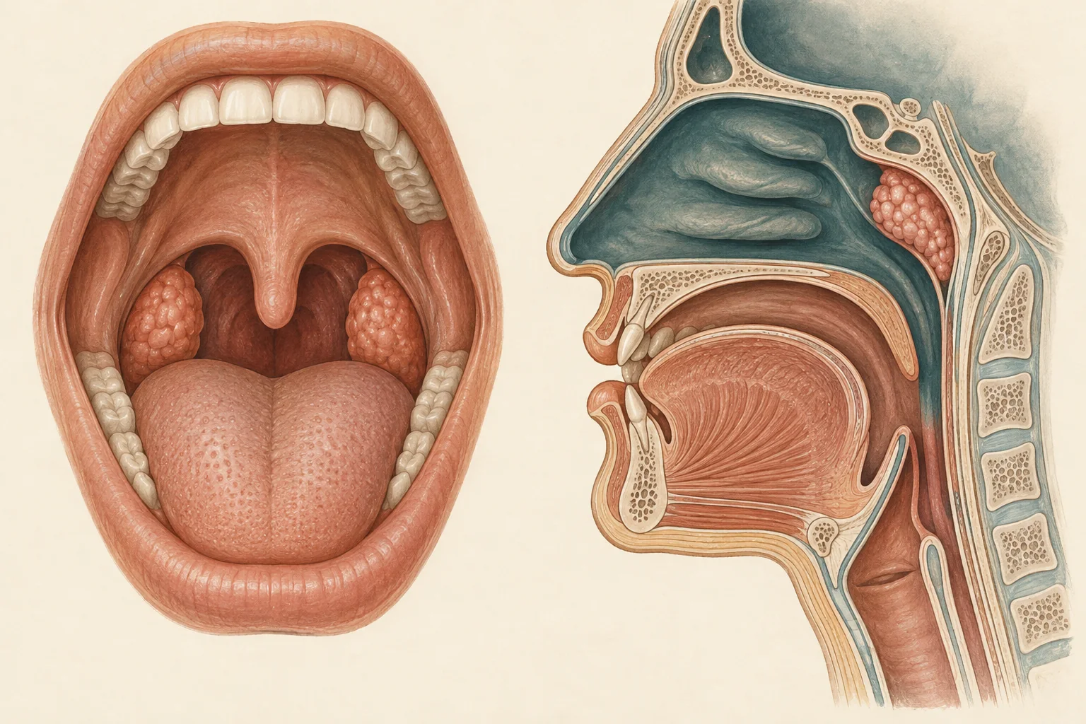Ilustração das amígdalas no fundo da garganta e da adenoide em corte