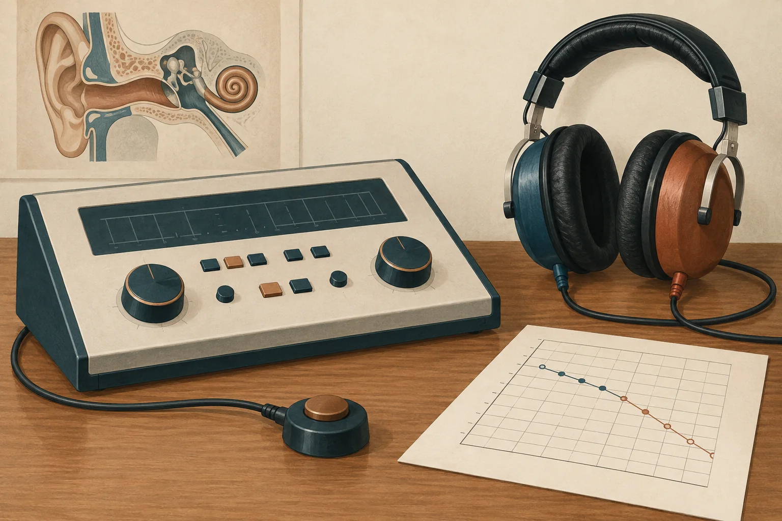 Ilustração de audiômetro e fones usados no exame de audição