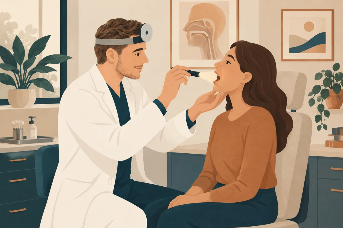 Ilustração de consulta de otorrino: médico examinando paciente sentado