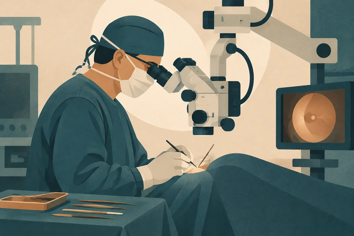 Ilustração de cirurgião com lupa operando com microscópio cirúrgico