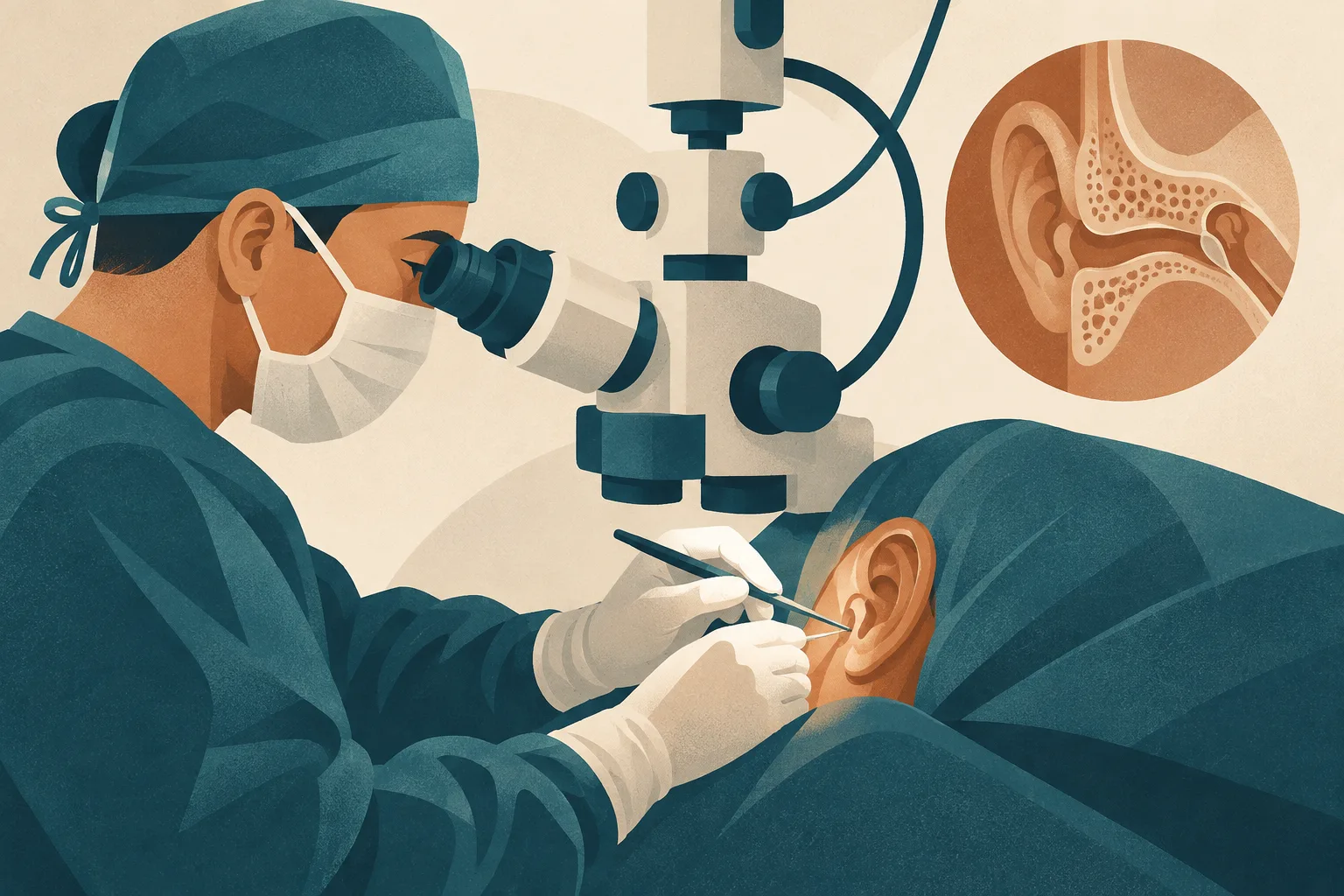 Ilustração de cirurgião ao microscópio operando um ouvido, com detalhe do osso da mastoide