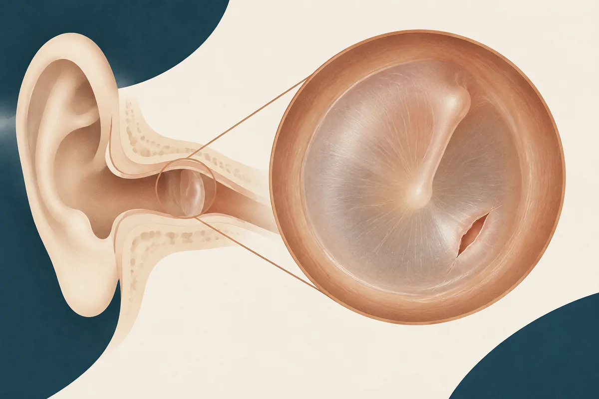 Ilustração da membrana do tímpano em forma de círculo suave, com pequeno detalhe de ruptura