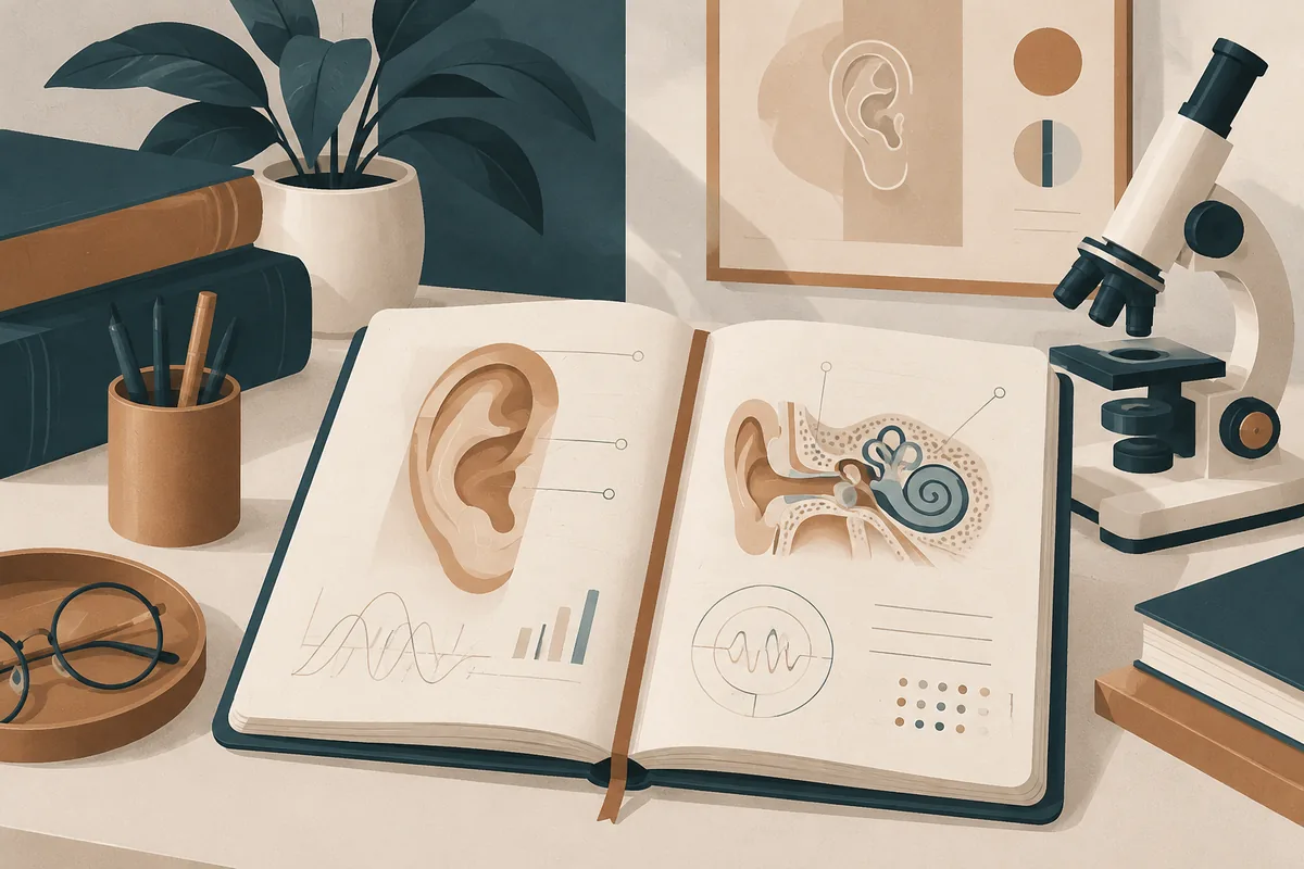Ilustração de caderno de pesquisa com desenho de ouvido e microscópio