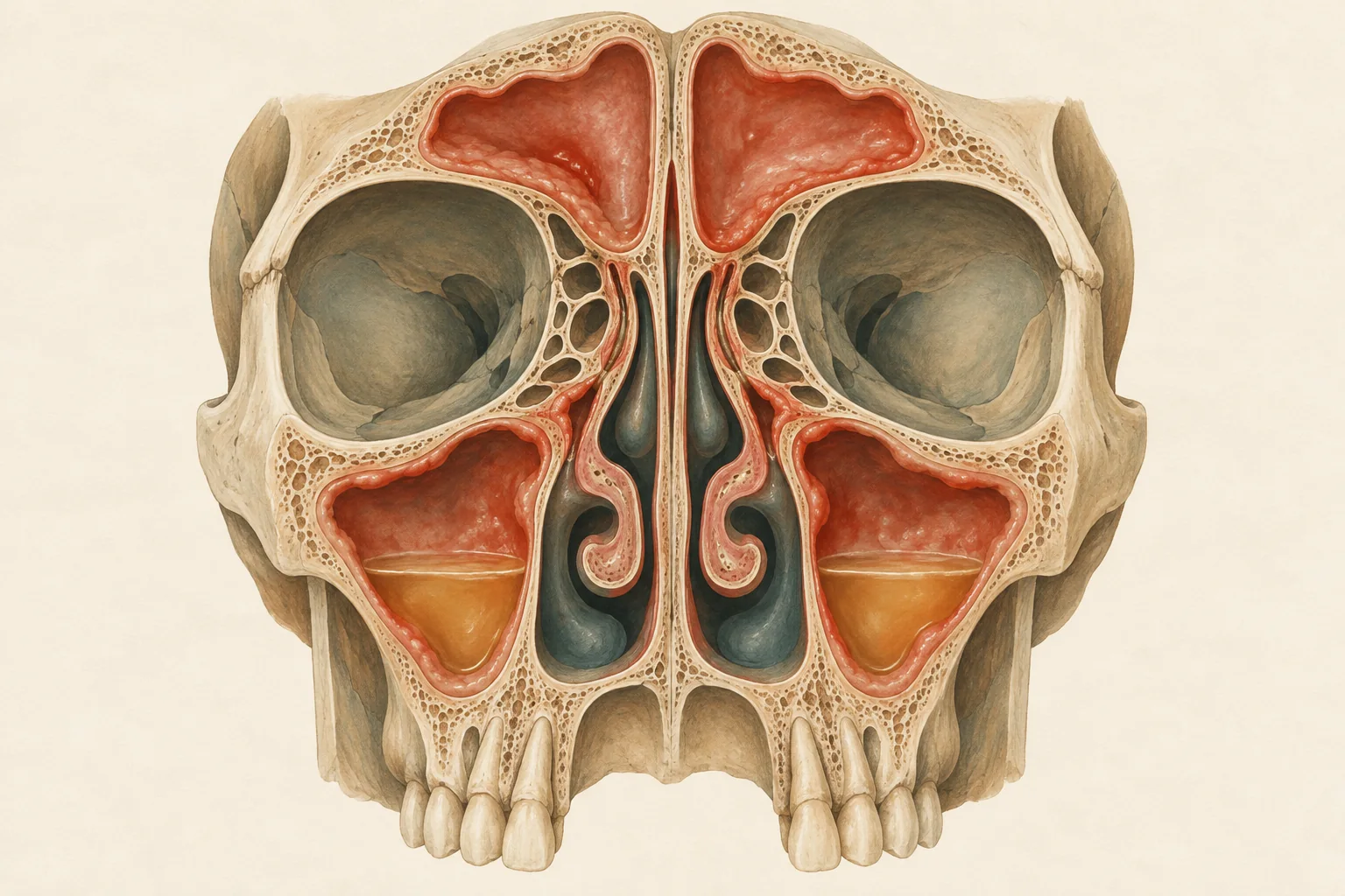 Ilustração dos seios da face em corte, com a mucosa inflamada