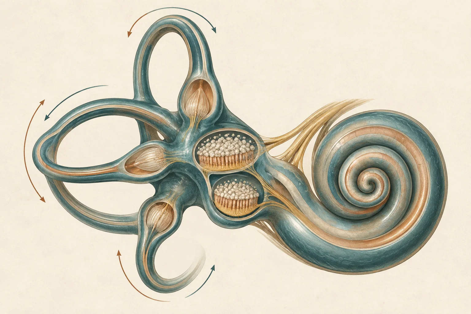 Ilustração do labirinto do ouvido em detalhe, com arcos sugerindo movimento