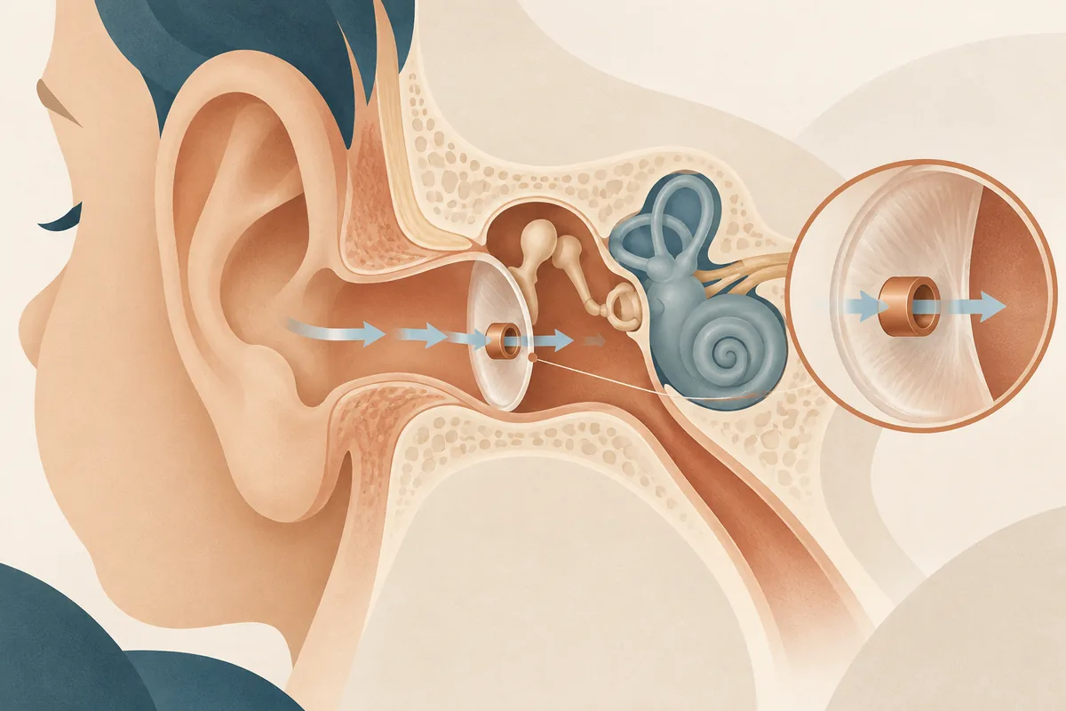 Ilustração de corte do ouvido com pequeno tubo de ventilação no tímpano e fluxo de ar