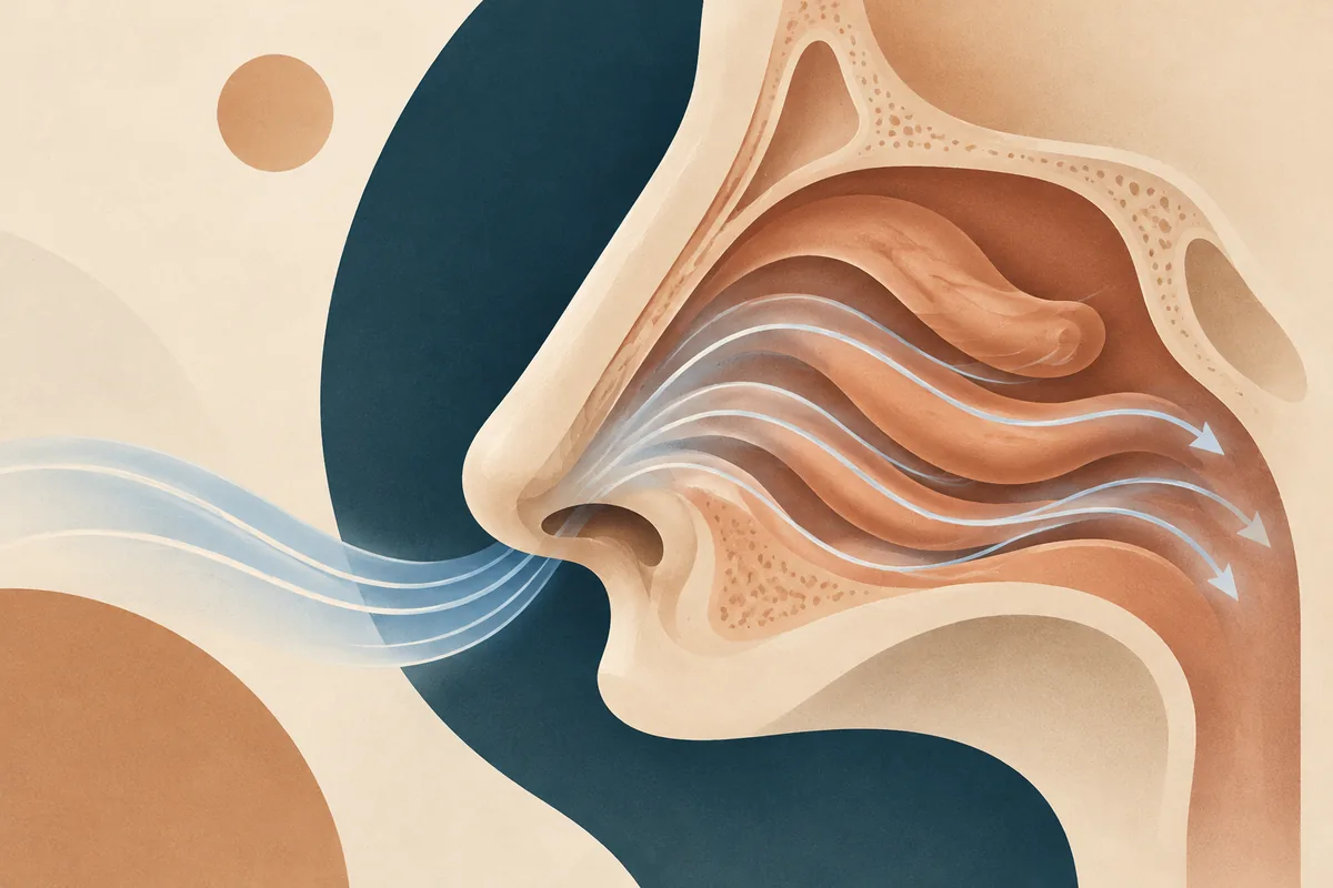 Ilustração de corte do nariz com os cornetos e linhas de fluxo de ar