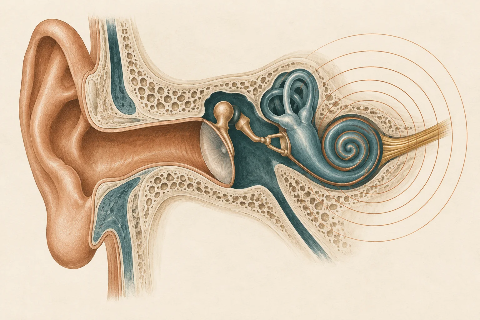 Ilustração do ouvido em corte, com ondas sonoras partindo da cóclea